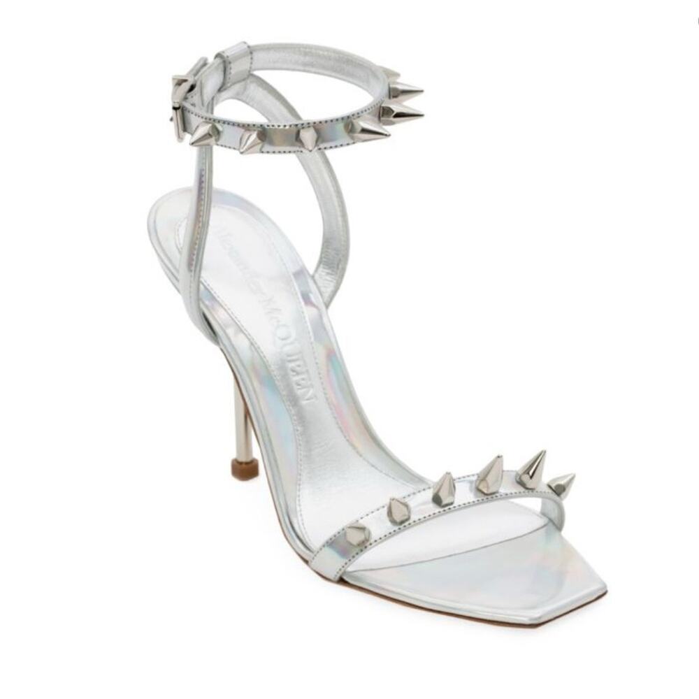 NIB ALEXANDER MCQUEEN Women’s Silver Punk Stud Metallic Ankle-Strap Sandals